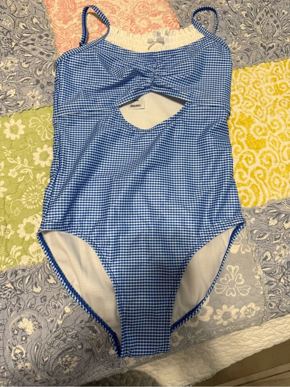 art class girls Blue Gingham One-Piece Swimsuit size large 10/12